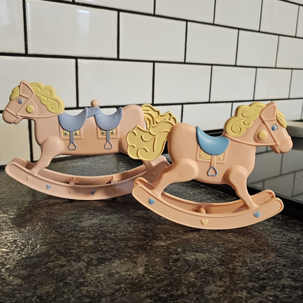 80s Mattel Heart Family Nursery Rocking Horse Set Pink Double Saddle Toy Dolls‎